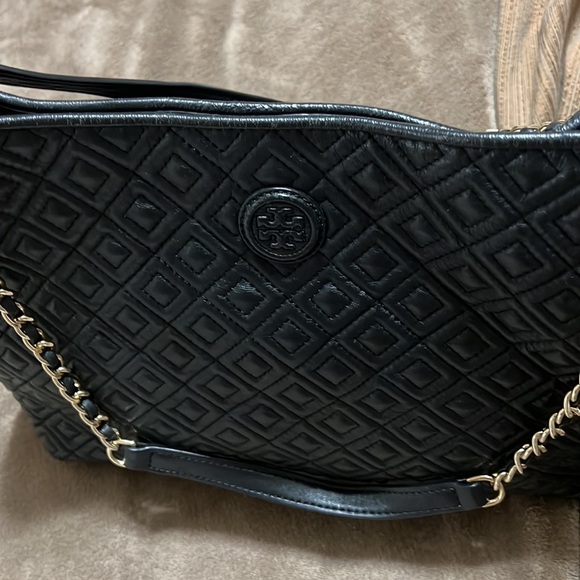 Black Tory Burch Fleming large tote quilted chain link handbag purse - Picture 6 of 7